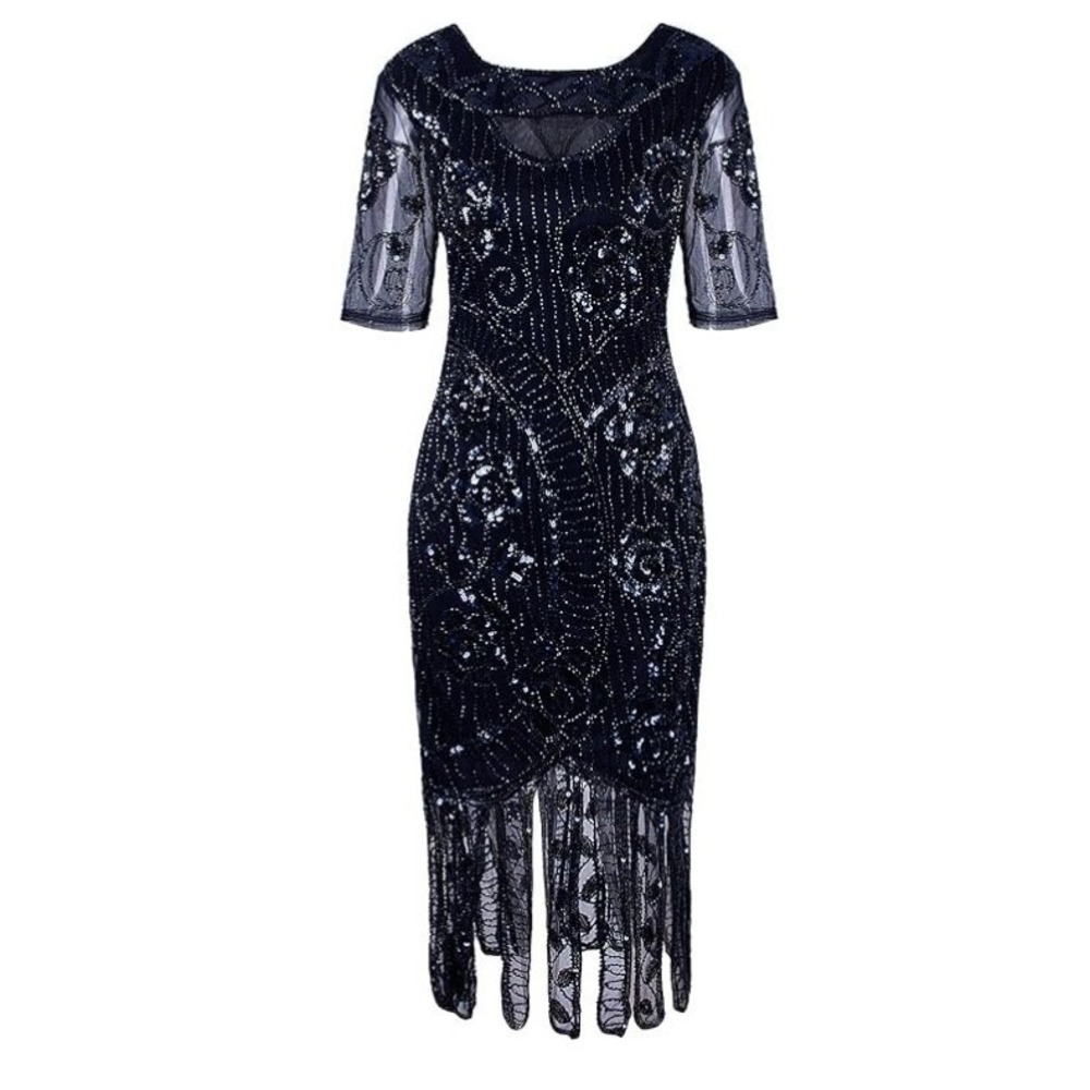 Vijiv Dress Beaded Cocktail Sequin Flapper Small Blue Short Sleeve 1920s Gatsby